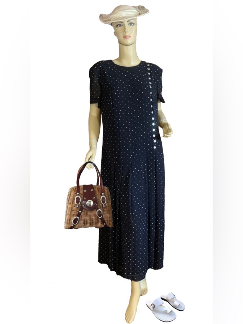 CYNTHIA HOWIE DARK NAVY BLUE & WHITE POLKA-DOT CHIFFON SHIFT DRESS (16)